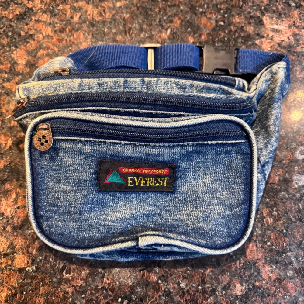 Vintage Everest Blue‎ Denim RETRO 80s Fanny Pack Waist Bag 3 pocket Adjustable